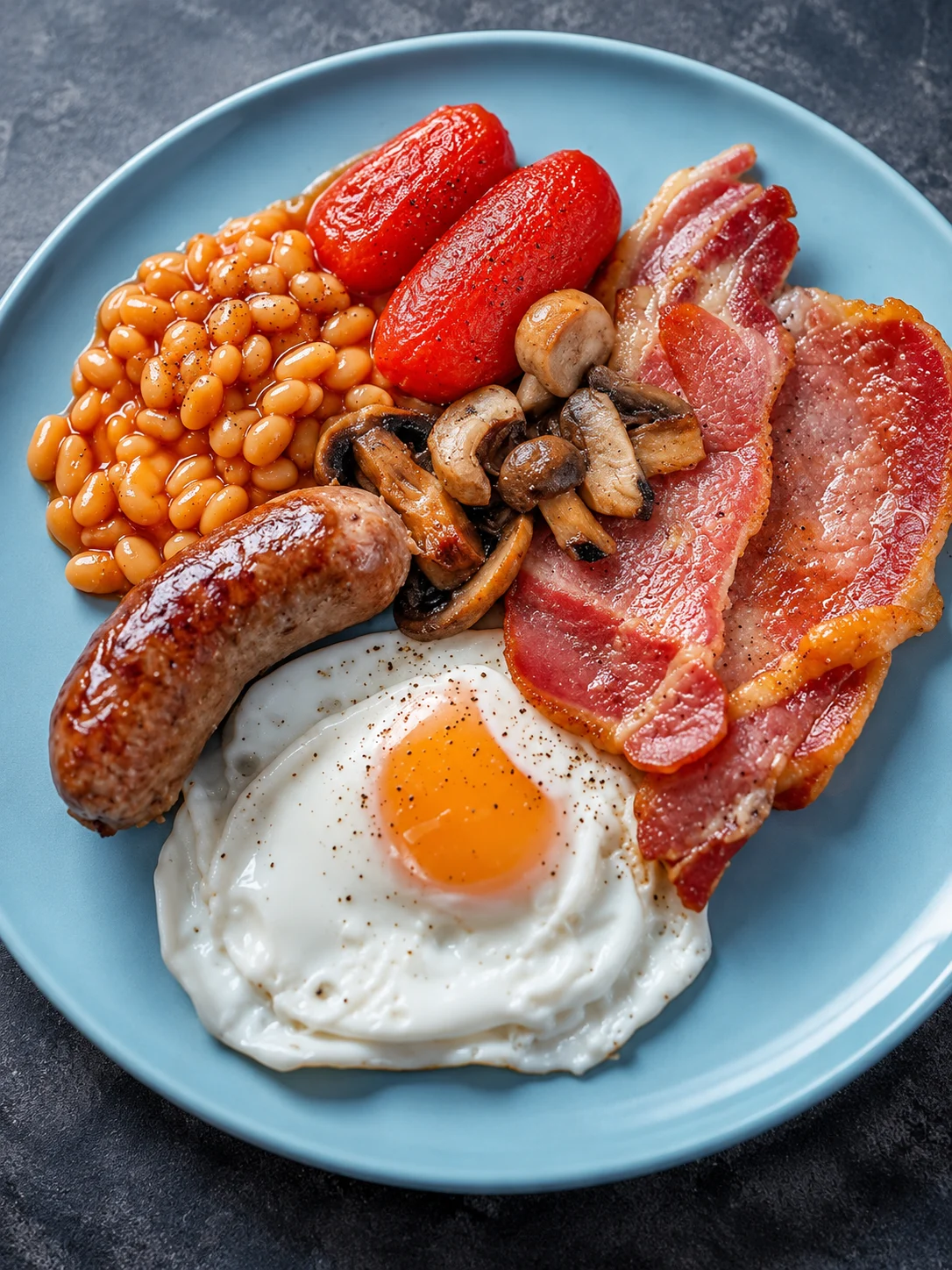 Cooked breakfast with egg, sausage, bacon, beans, mushrooms and tomato